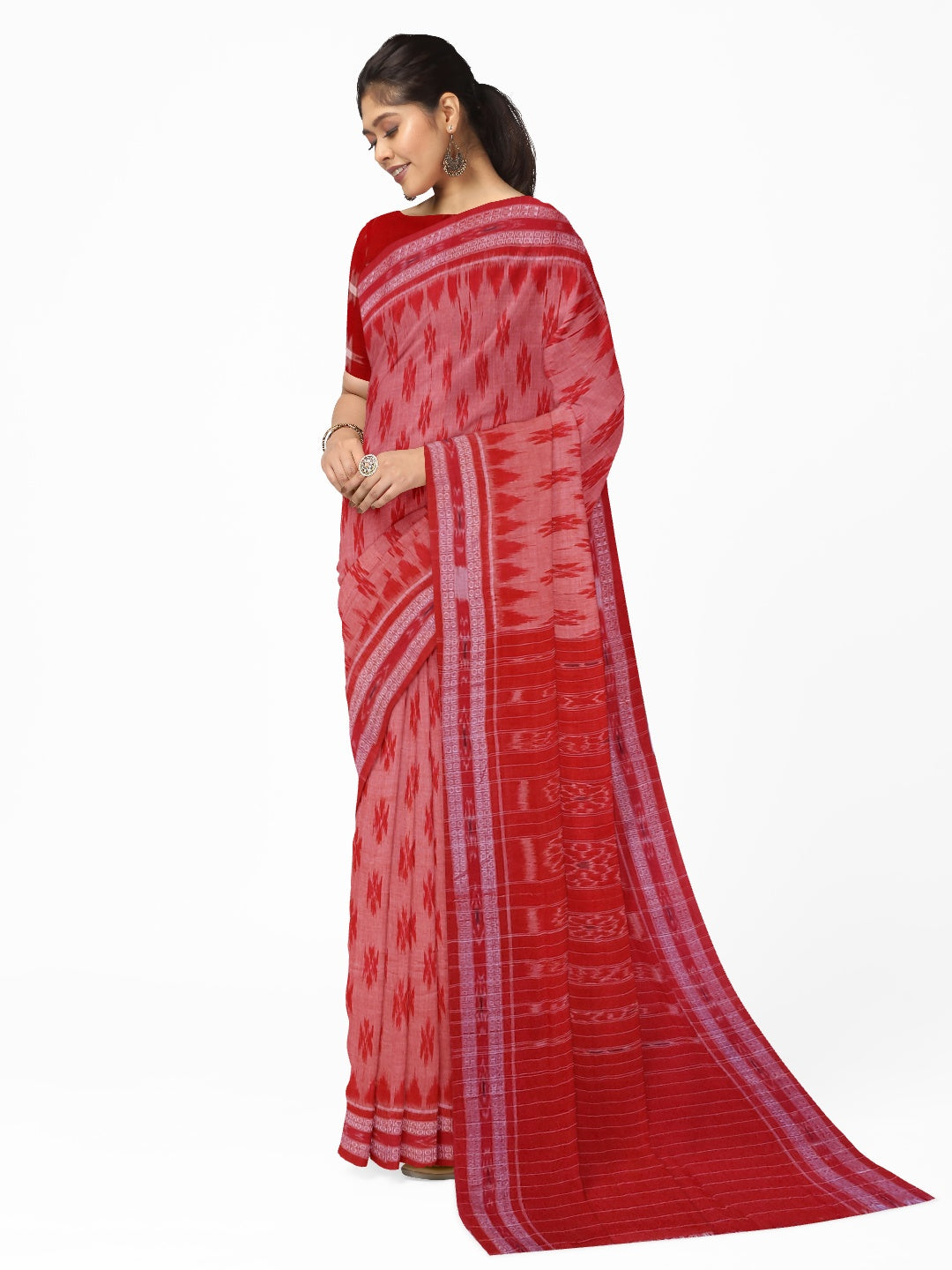 Pink and Red Cotton Odisha Ikat saree  with mix match cotton ikat blouse piece