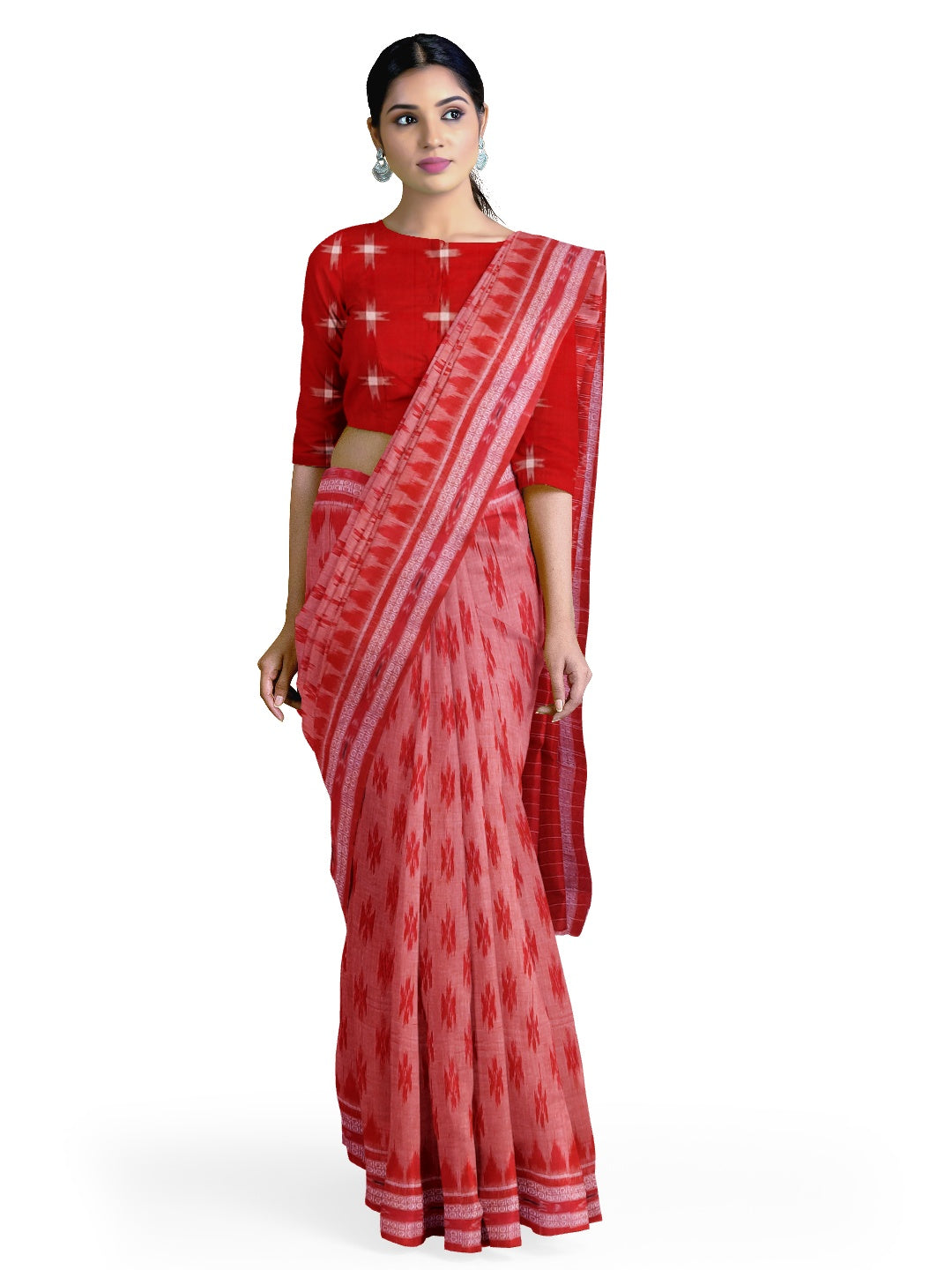 Pink and Red Cotton Odisha Ikat saree  with mix match cotton ikat blouse piece