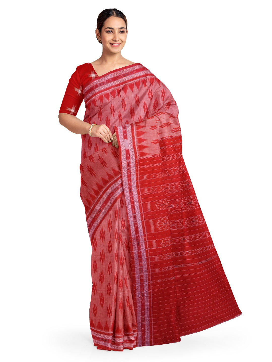 Pink and Red Cotton Odisha Ikat saree  with mix match cotton ikat blouse piece