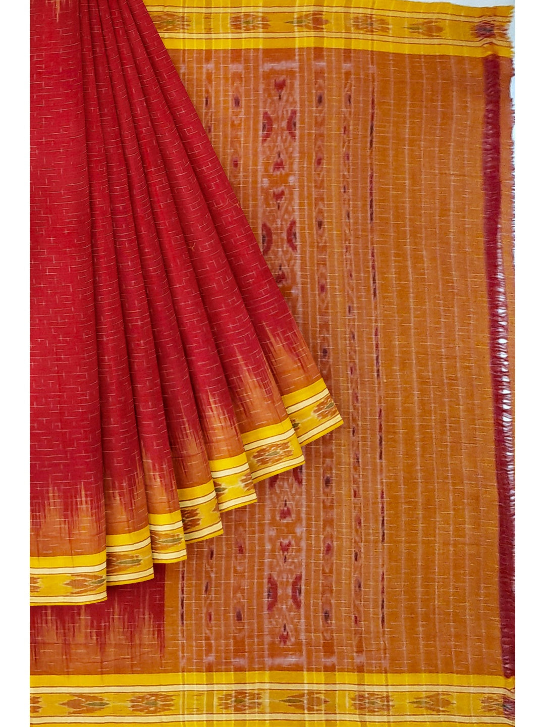Red Cotton Odisha Ikat saree with mix match cotton ikat blouse piece