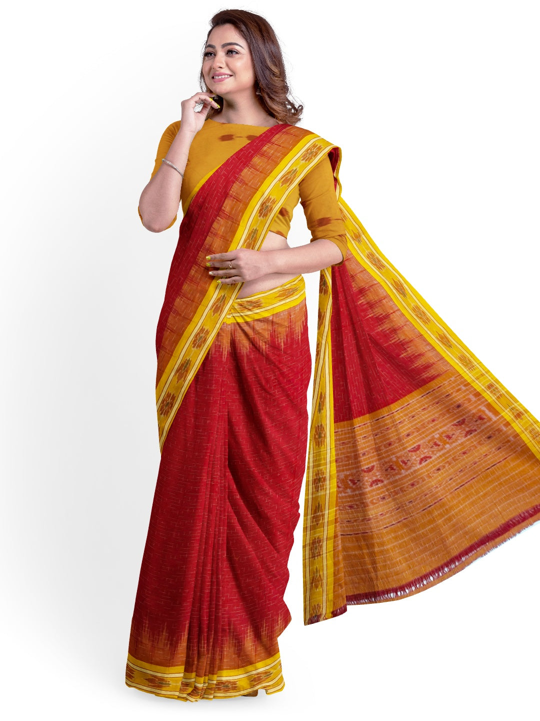 Red Cotton Odisha Ikat saree with mix match cotton ikat blouse piece