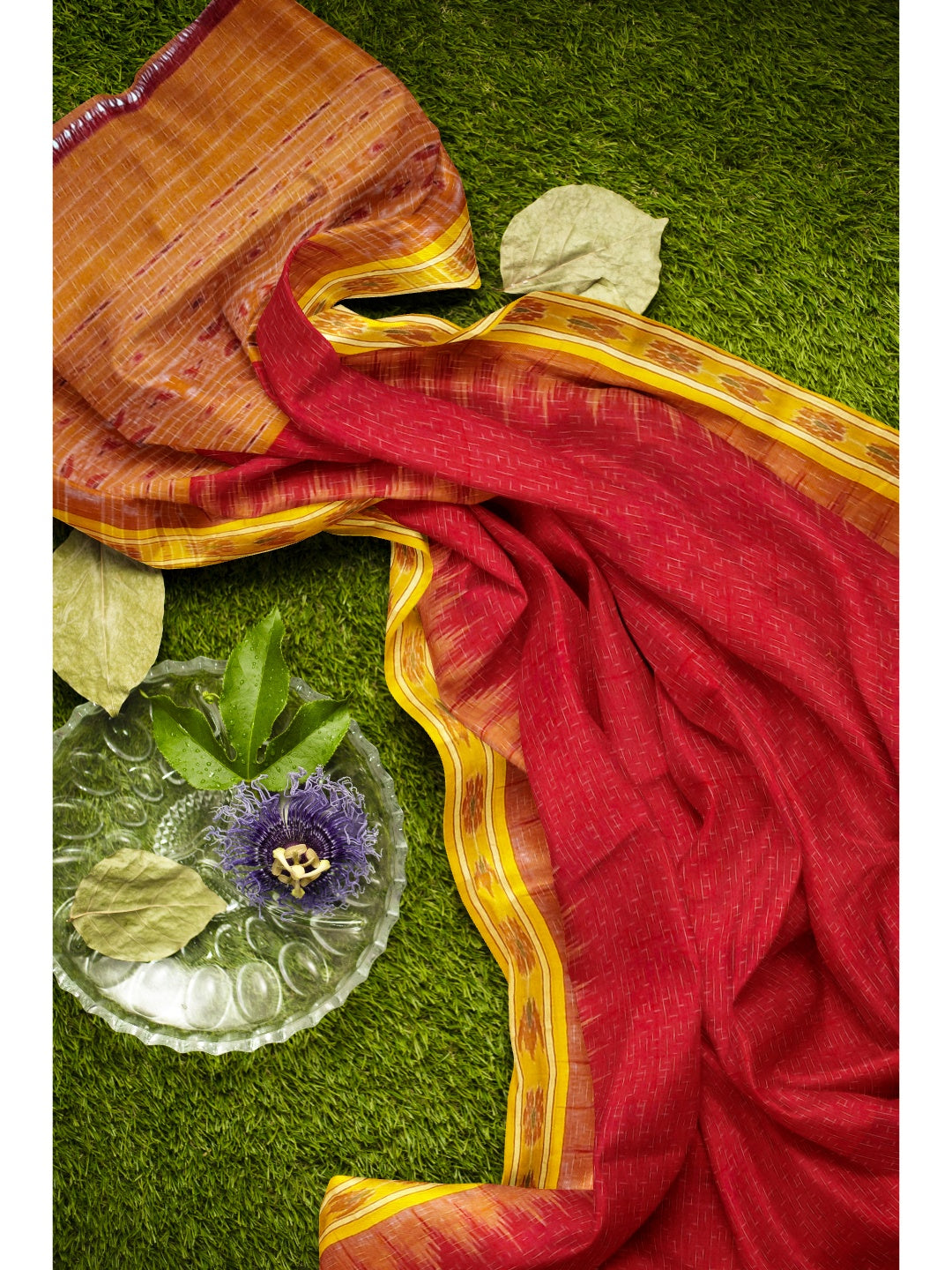 Red Cotton Odisha Ikat saree with mix match cotton ikat blouse piece