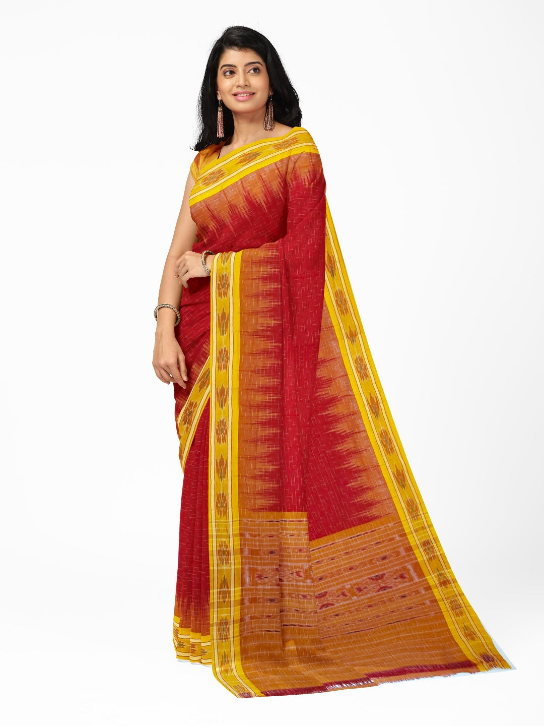 Red Cotton Odisha Ikat saree with mix match cotton ikat blouse piece