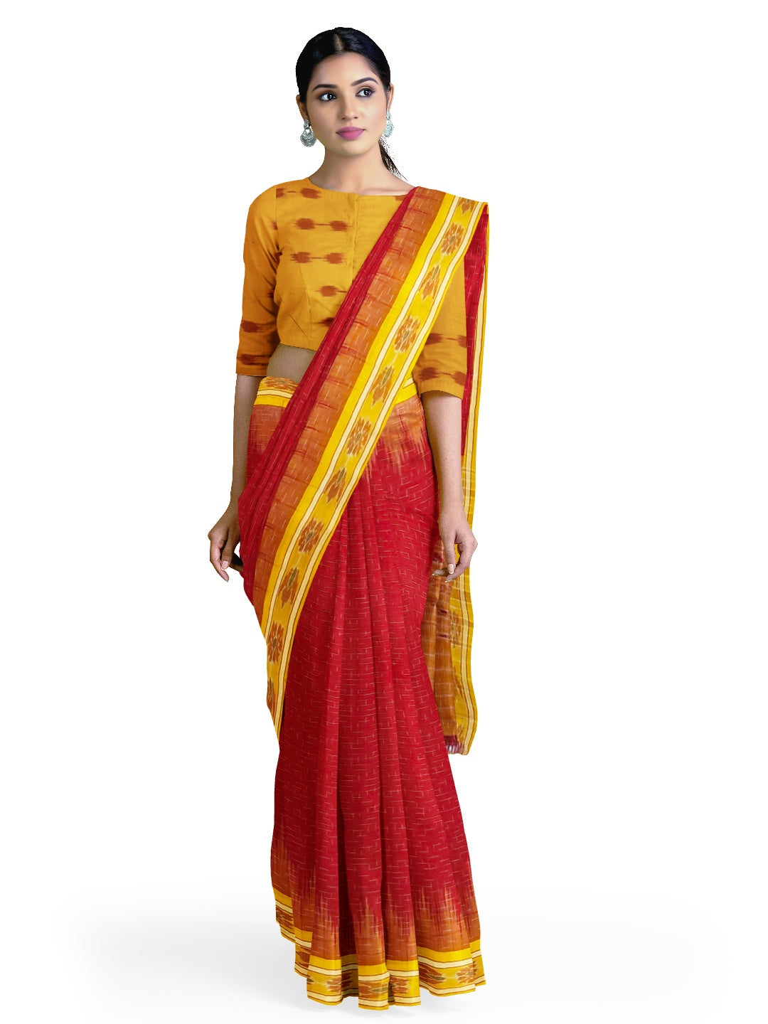 Red Cotton Odisha Ikat saree with mix match cotton ikat blouse piece