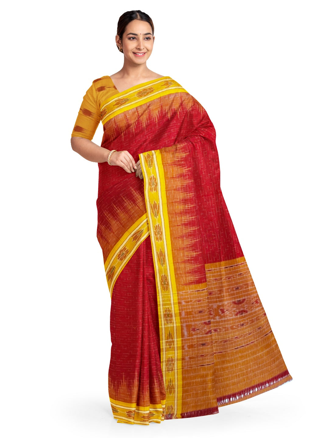 Red Cotton Odisha Ikat saree with mix match cotton ikat blouse piece