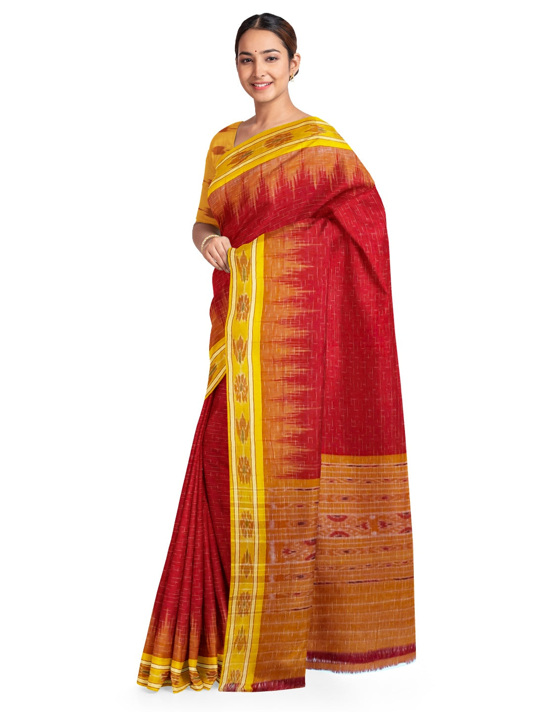 Red Cotton Odisha Ikat saree with mix match cotton ikat blouse piece