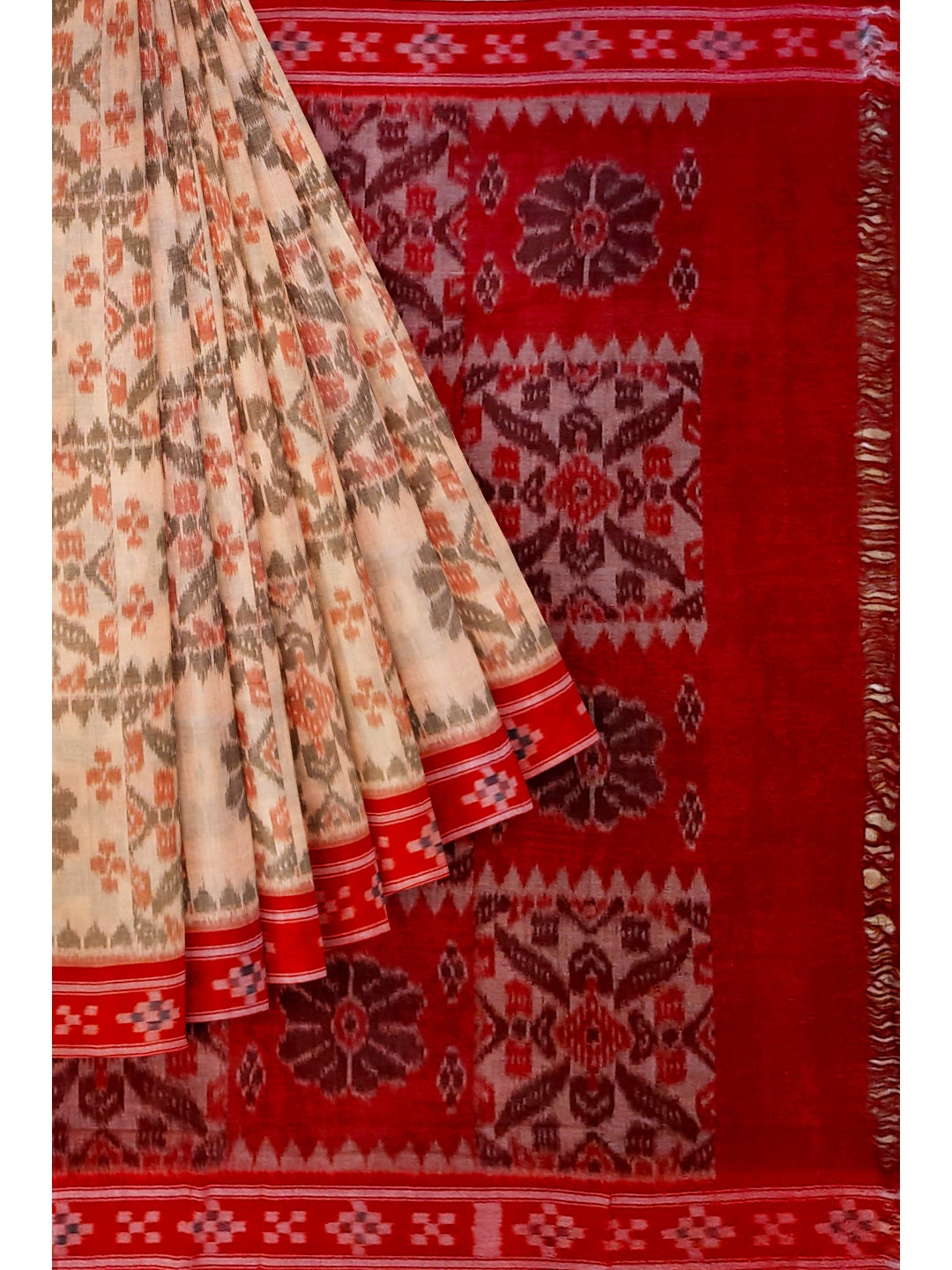 Beige and Red coloured Odisha Ikat saree  with cotton ikat blouse piece
