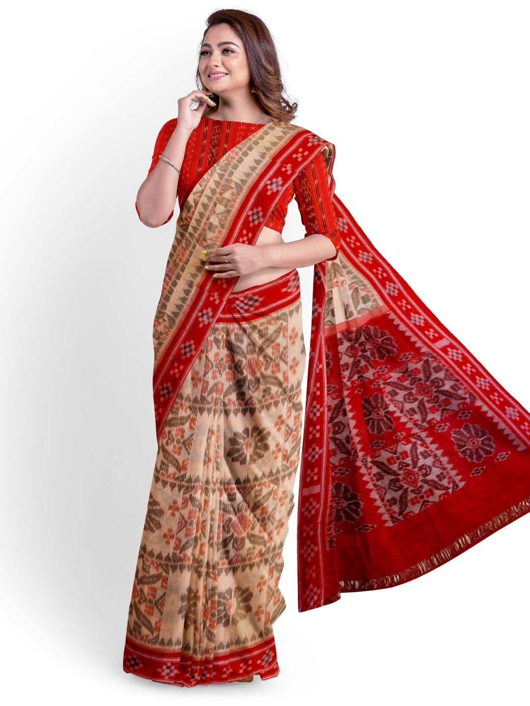 Beige and Red coloured Odisha Ikat saree  with cotton ikat blouse piece