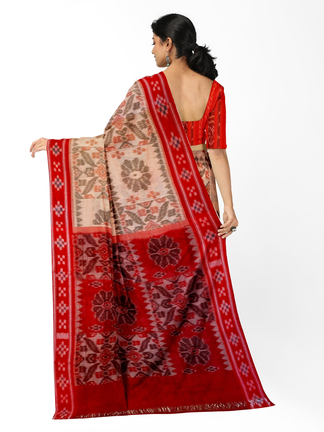 Beige and Red coloured Odisha Ikat saree  with cotton ikat blouse piece