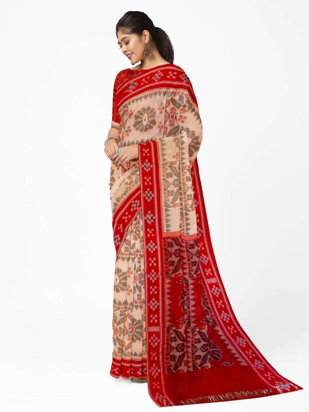 Beige and Red coloured Odisha Ikat saree  with cotton ikat blouse piece