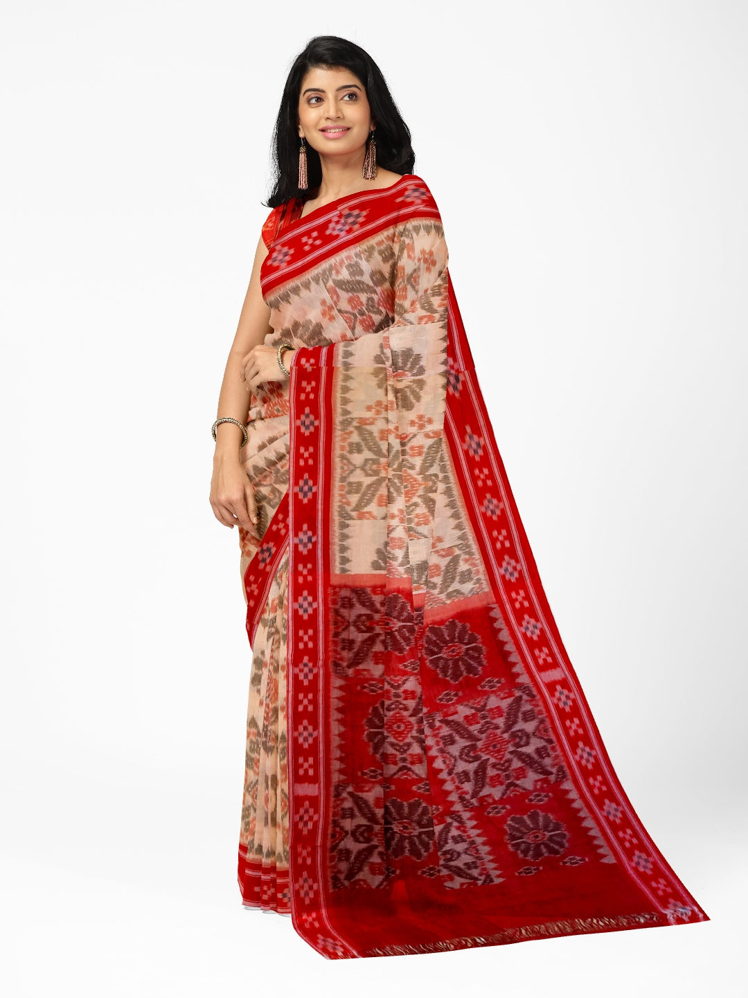 Beige and Red coloured Odisha Ikat saree  with cotton ikat blouse piece