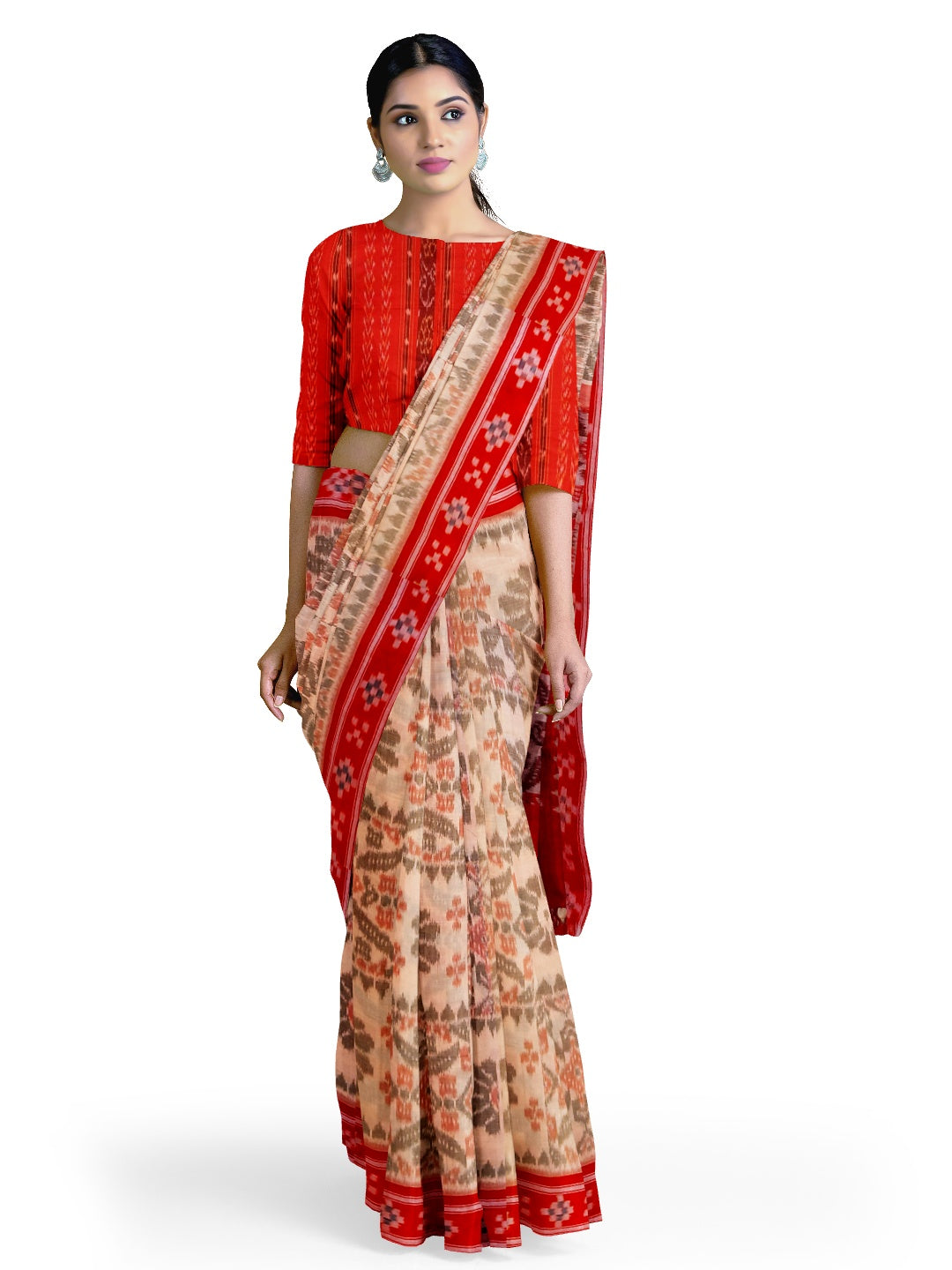 Beige and Red coloured Odisha Ikat saree  with cotton ikat blouse piece