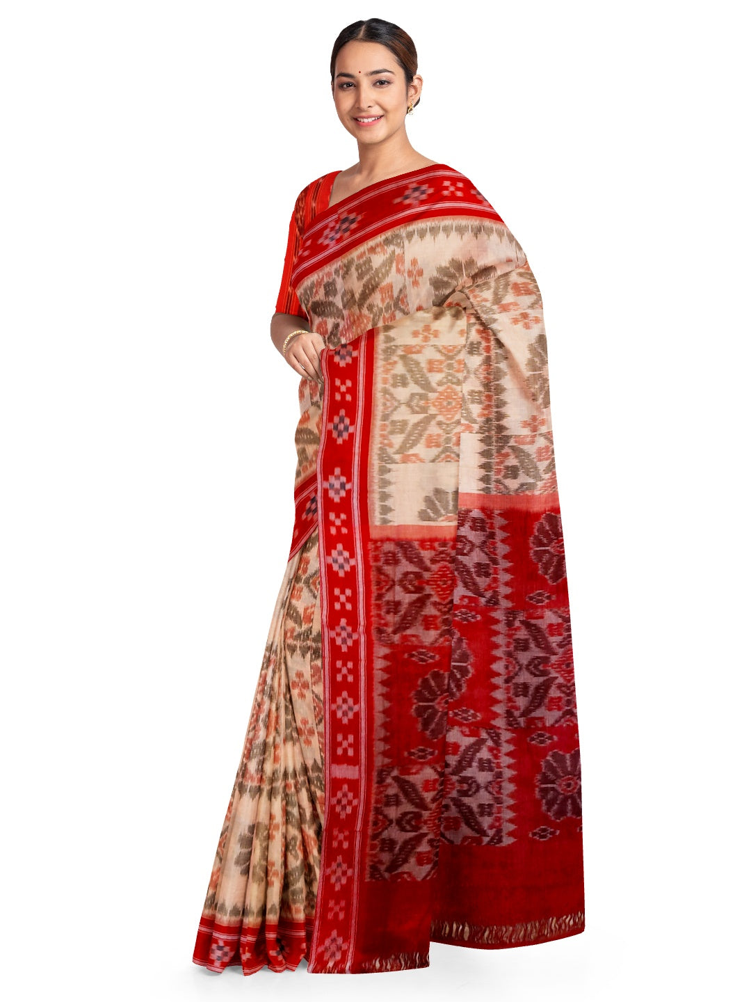 Beige and Red coloured Odisha Ikat saree  with cotton ikat blouse piece