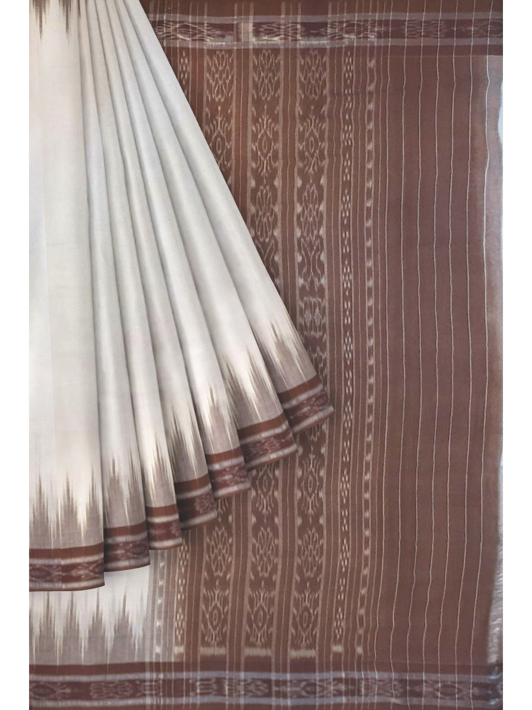 White and Brown coloured Odisha Ikat saree  with cotton ikat blouse piece