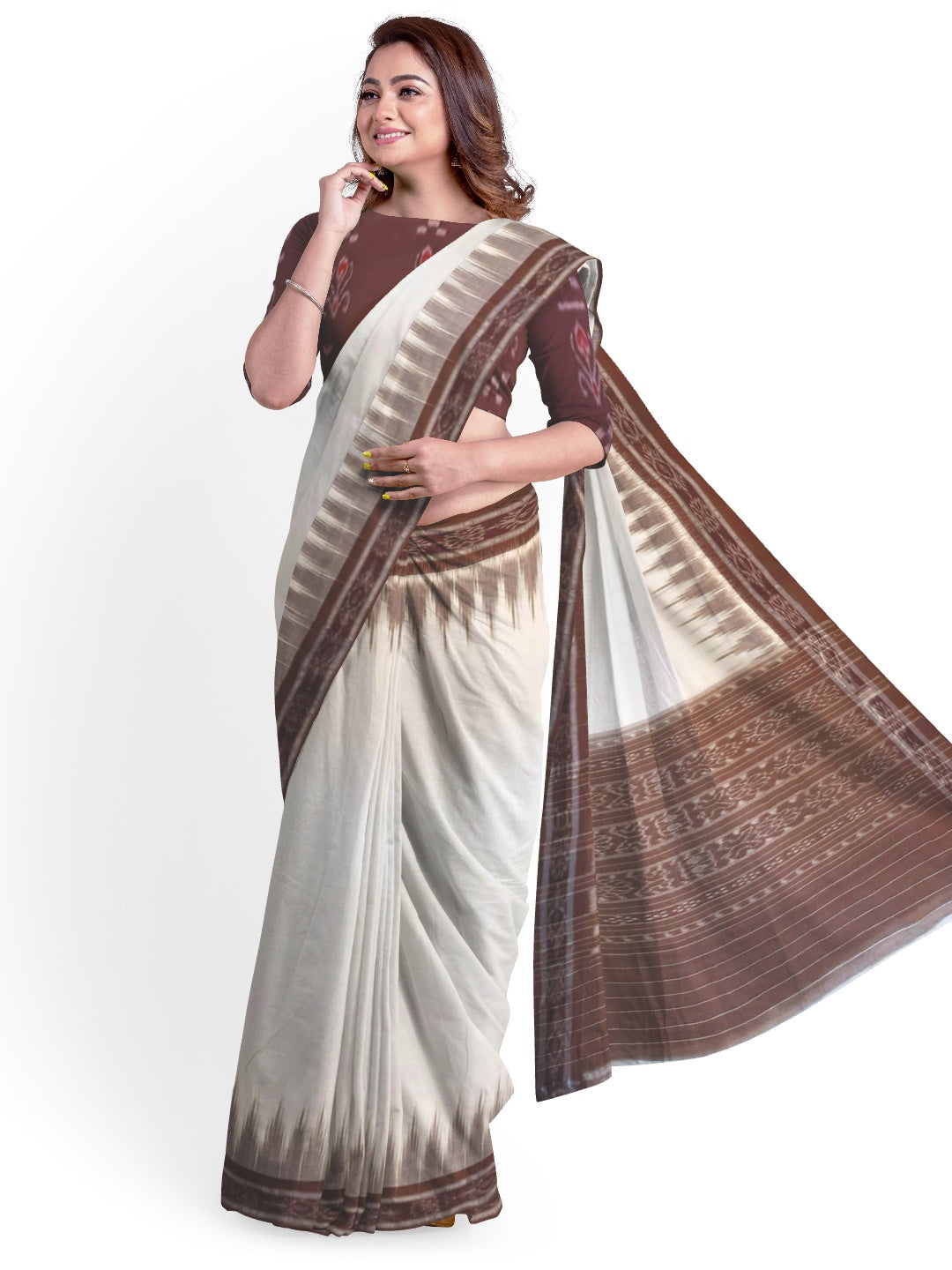 White and Brown coloured Odisha Ikat saree  with cotton ikat blouse piece
