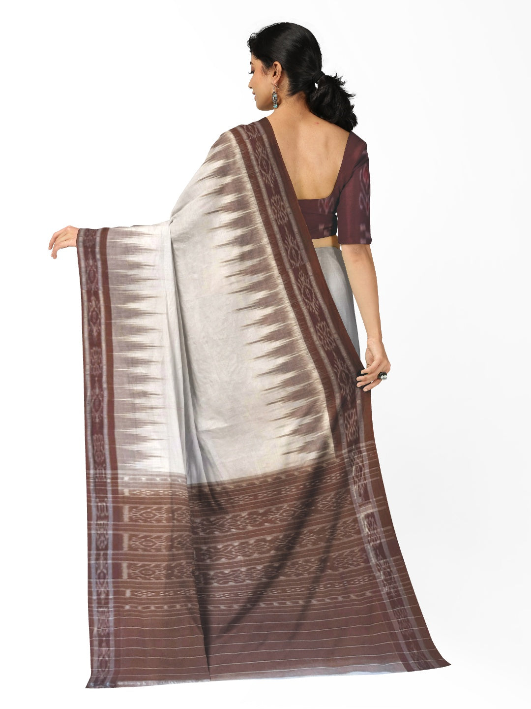 White and Brown coloured Odisha Ikat saree  with cotton ikat blouse piece