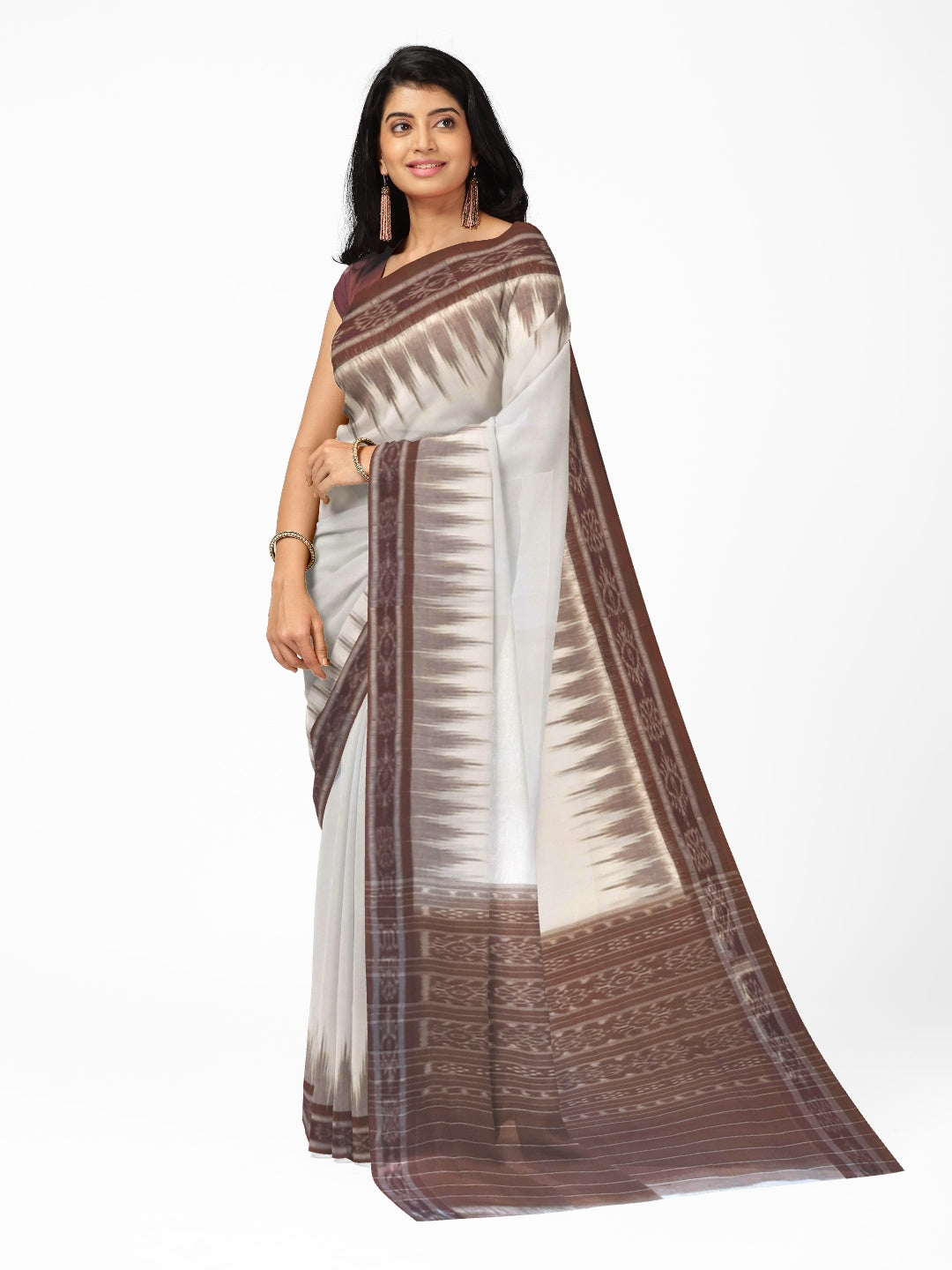 White and Brown coloured Odisha Ikat saree  with cotton ikat blouse piece