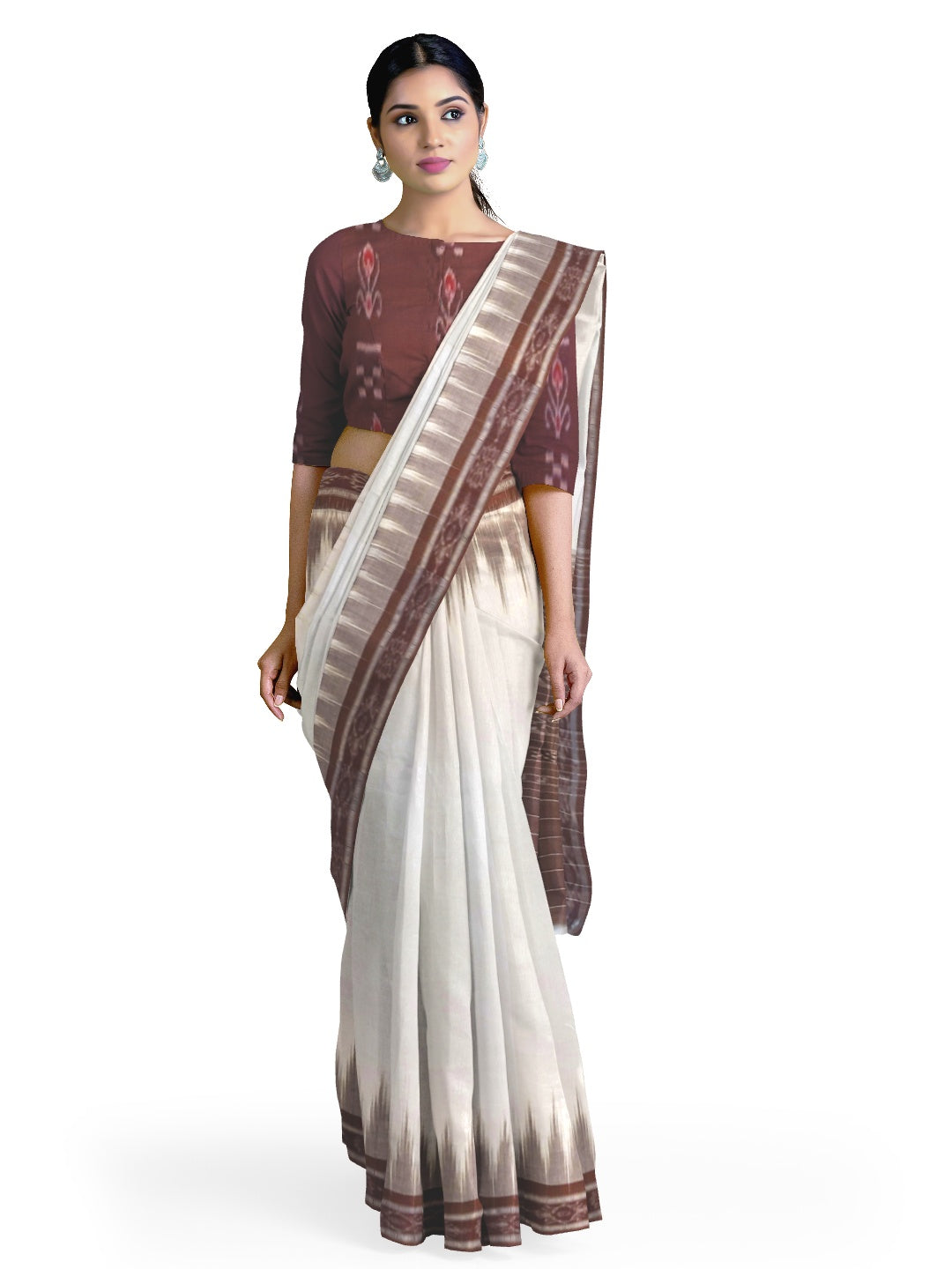 White and Brown coloured Odisha Ikat saree  with cotton ikat blouse piece