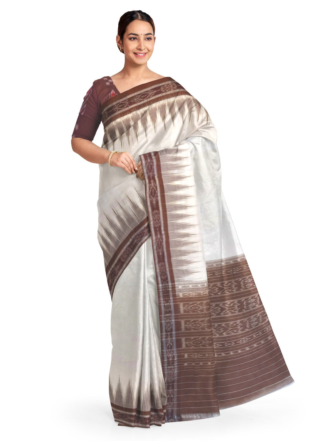 White and Brown coloured Odisha Ikat saree  with cotton ikat blouse piece