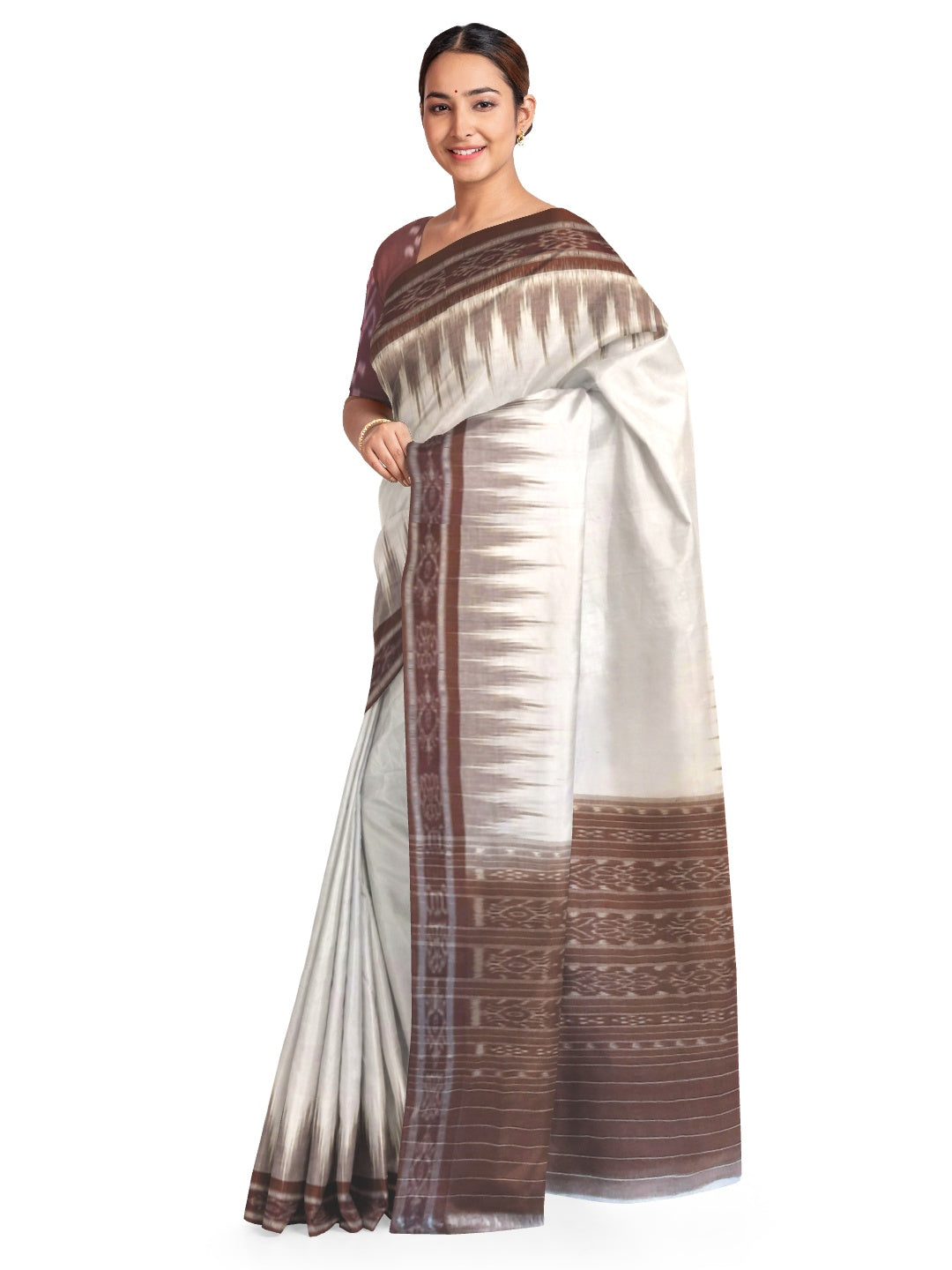 White and Brown coloured Odisha Ikat saree  with cotton ikat blouse piece