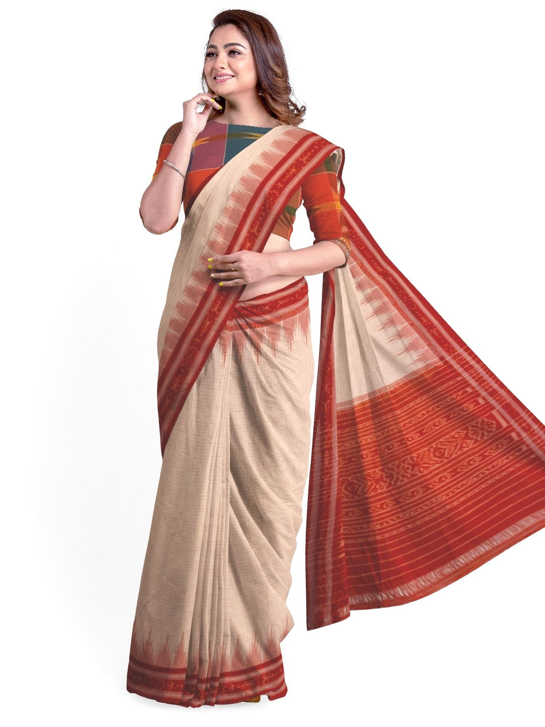 White with Red Cotton Odisha Ikat saree with mix match cotton ikat blouse piece