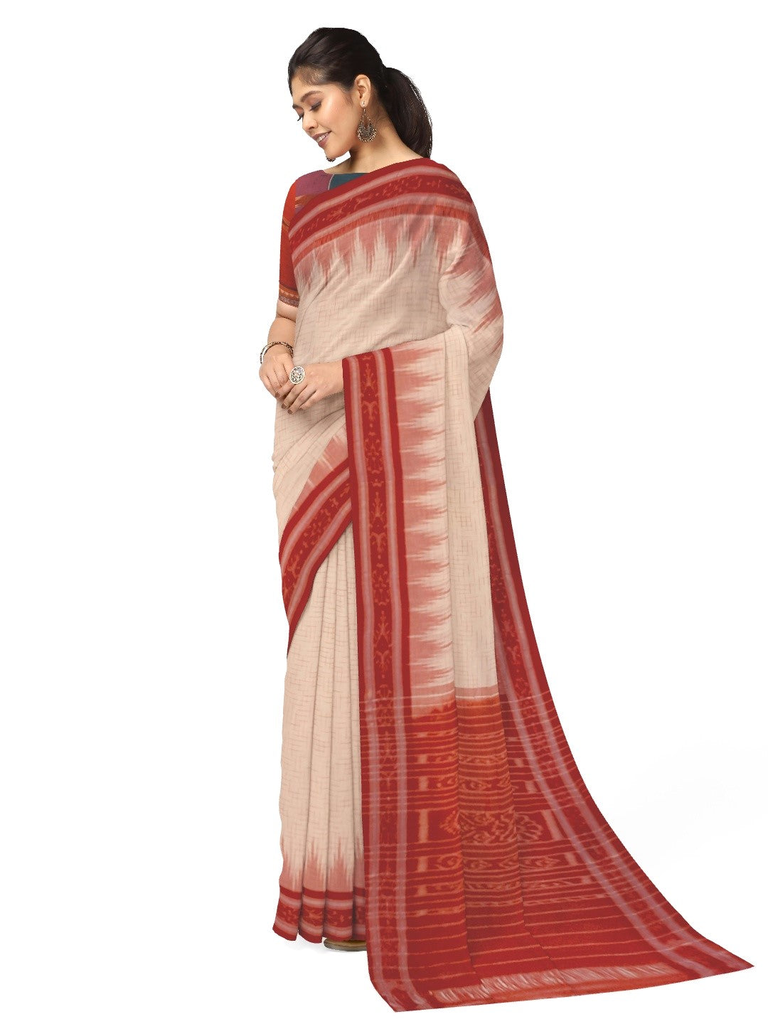 White with Red Cotton Odisha Ikat saree with mix match cotton ikat blouse piece