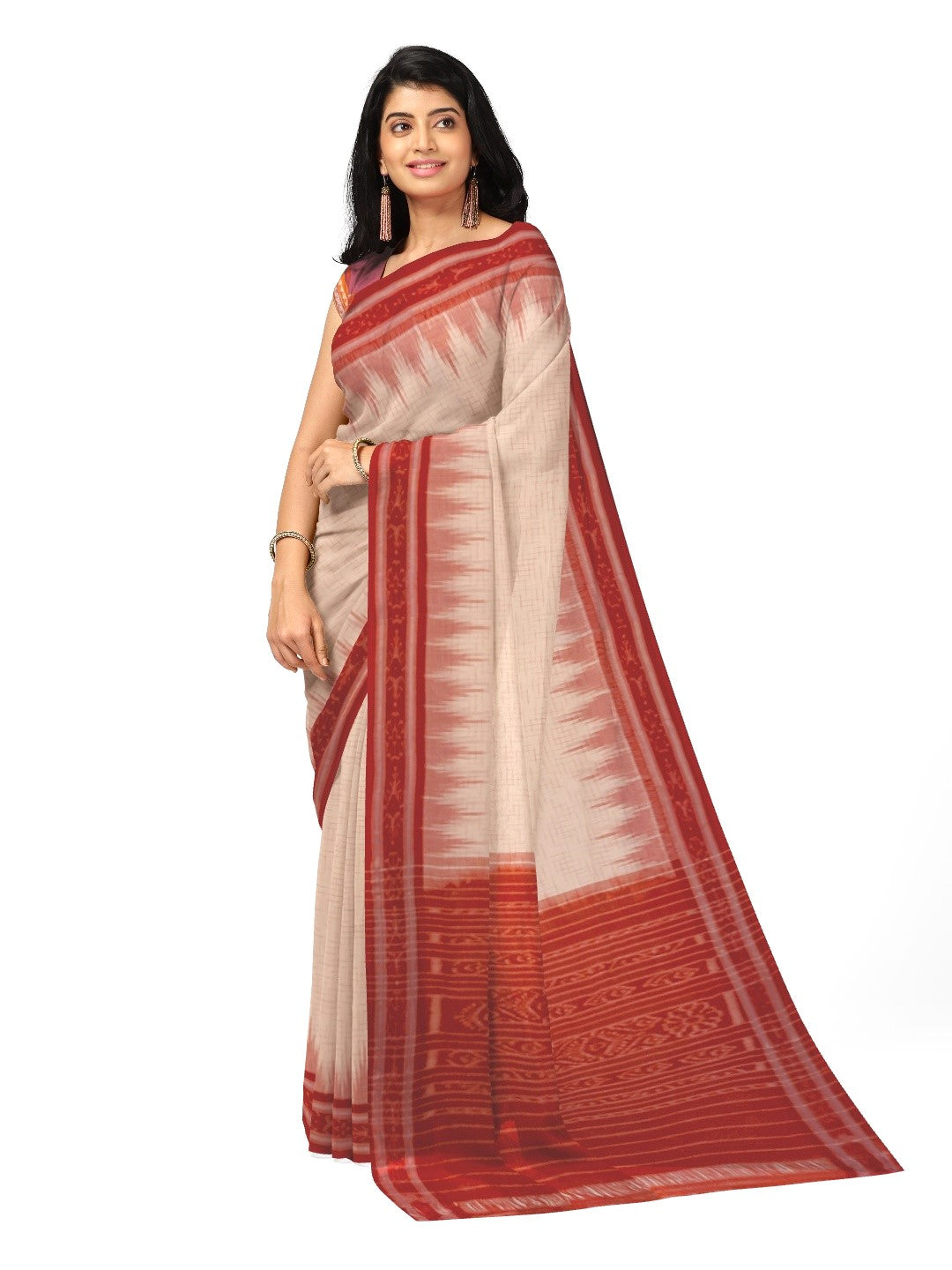 White with Red Cotton Odisha Ikat saree with mix match cotton ikat blouse piece