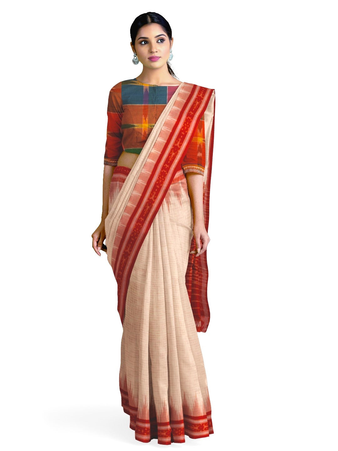 White with Red Cotton Odisha Ikat saree with mix match cotton ikat blouse piece