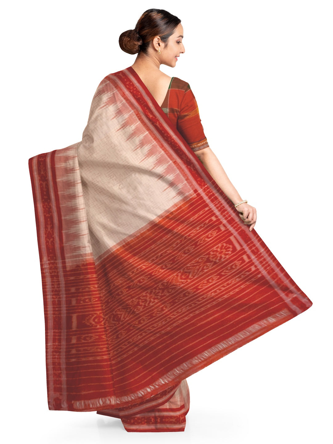 White with Red Cotton Odisha Ikat saree with mix match cotton ikat blouse piece