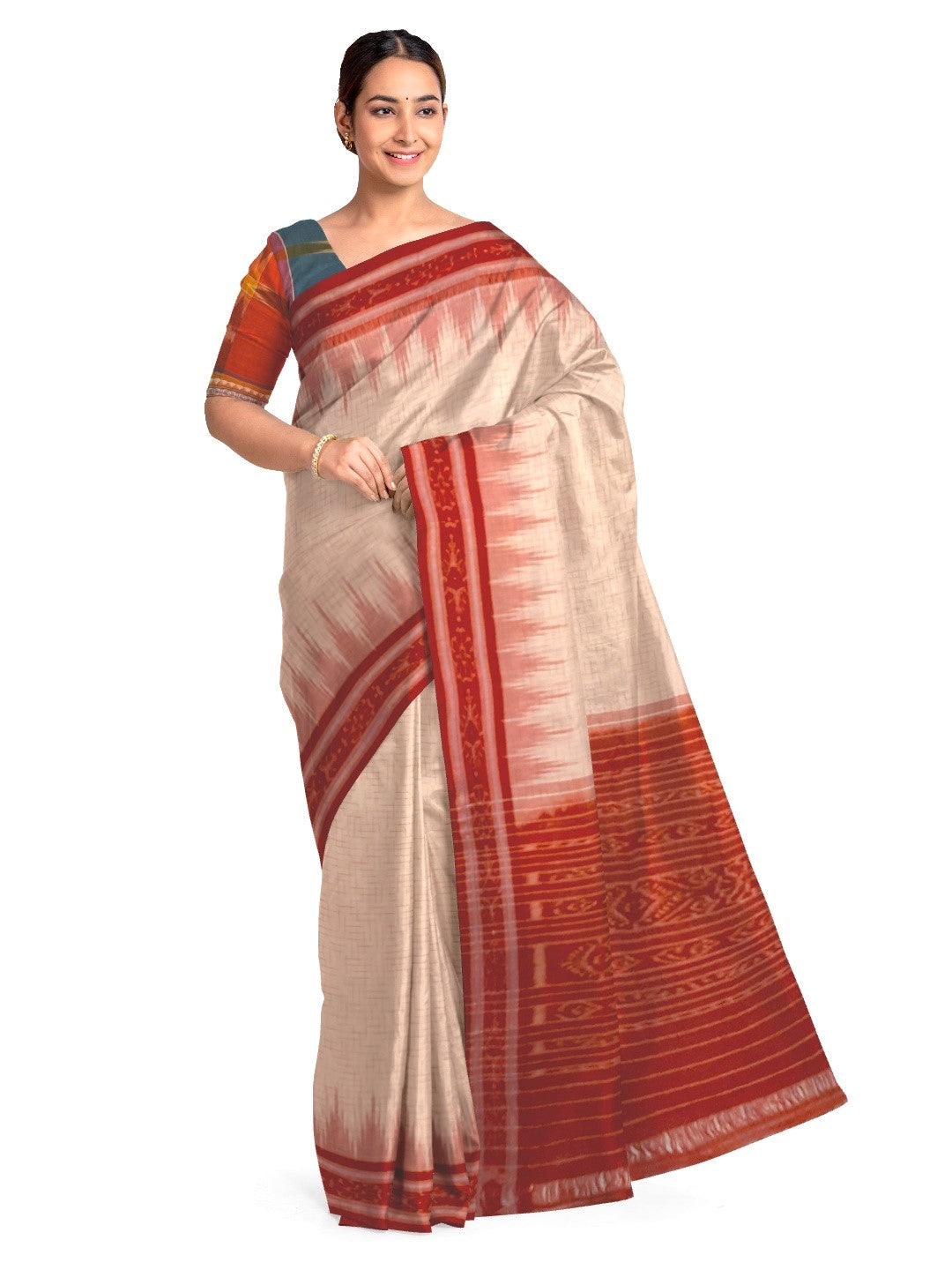 White with Red Cotton Odisha Ikat saree with mix match cotton ikat blouse piece