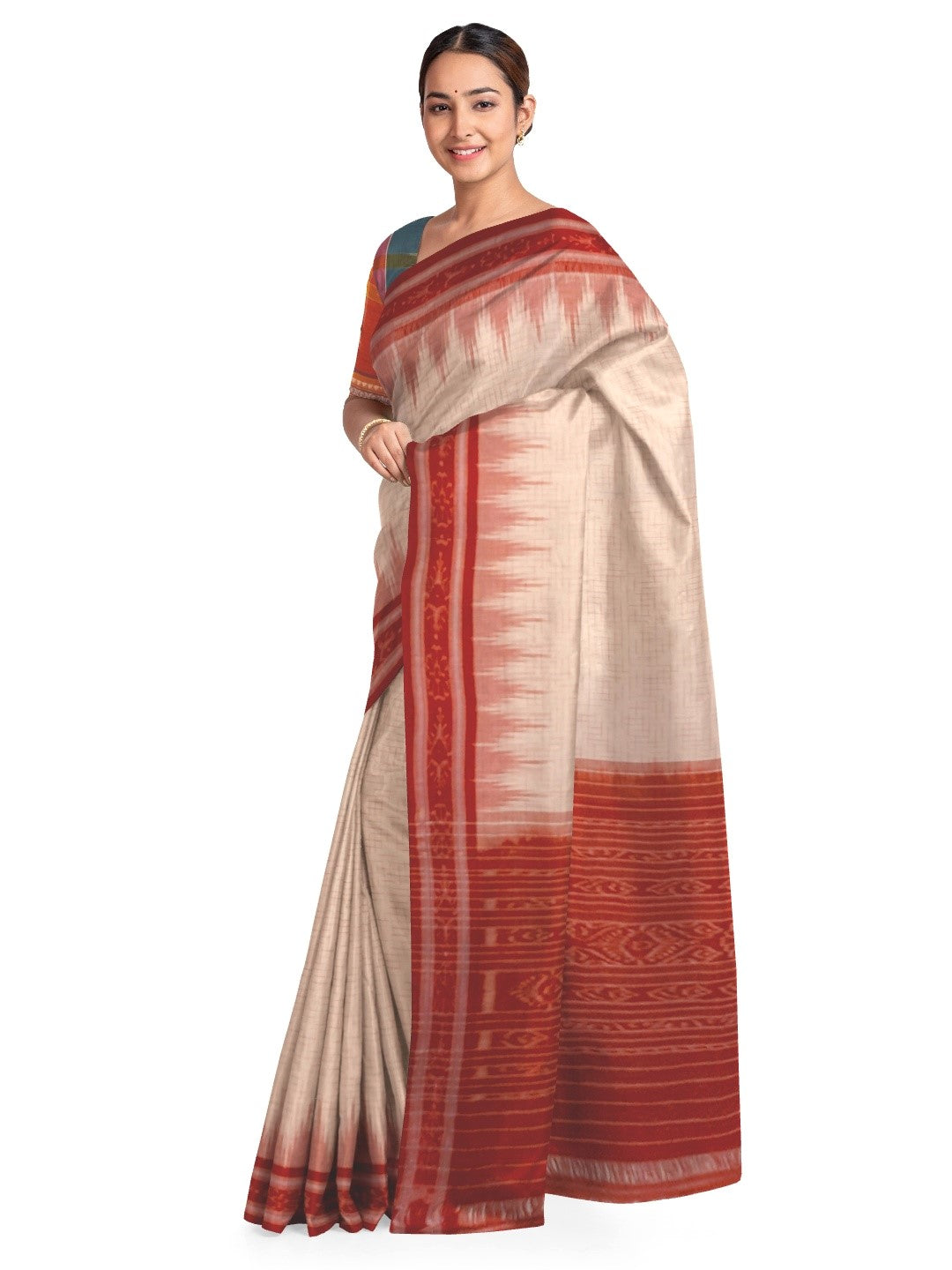 White with Red Cotton Odisha Ikat saree with mix match cotton ikat blouse piece
