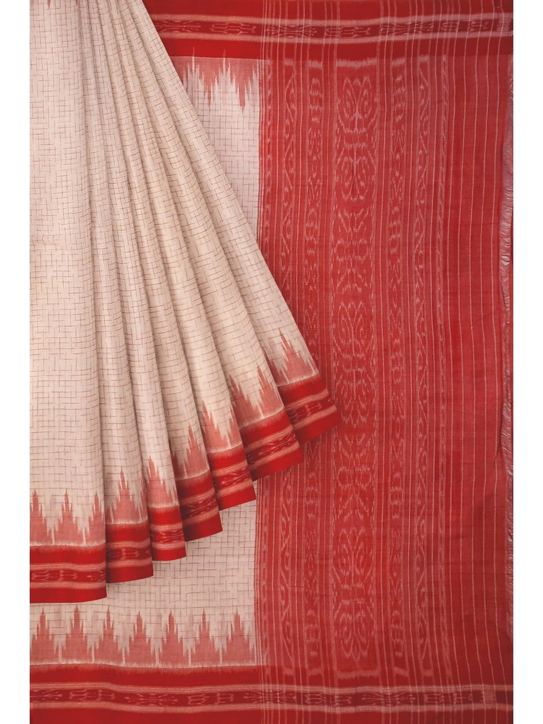 White with Red Cotton Odisha Ikat saree with mix match cotton ikat blouse piece