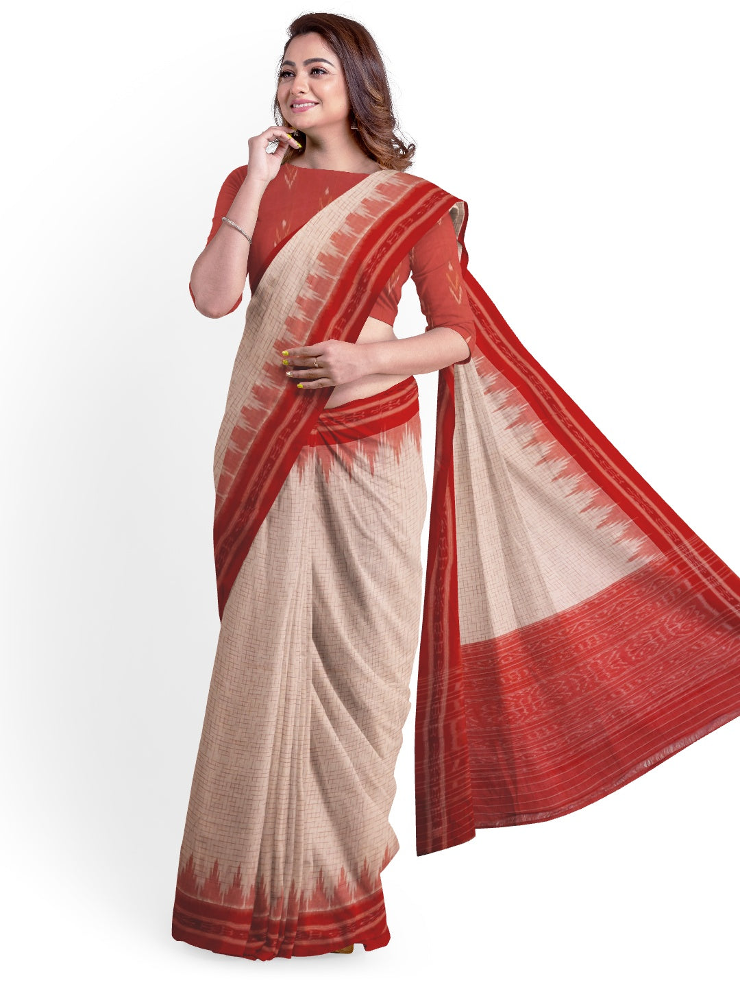 White with Red Cotton Odisha Ikat saree with mix match cotton ikat blouse piece