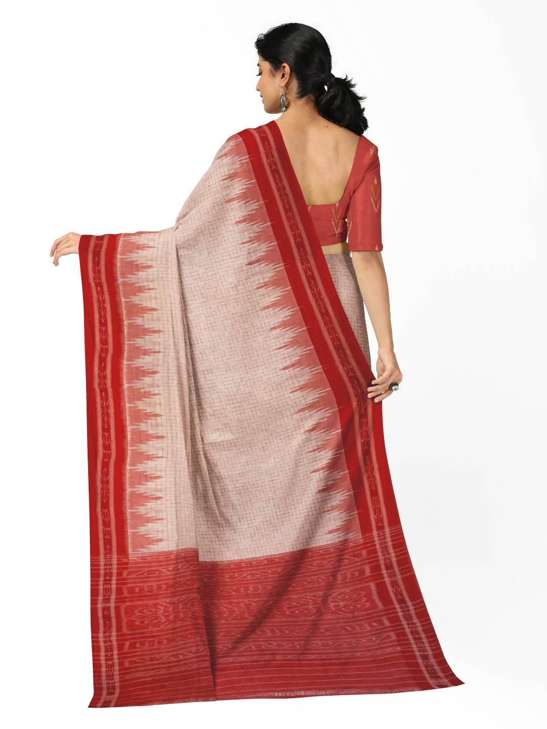 White with Red Cotton Odisha Ikat saree with mix match cotton ikat blouse piece