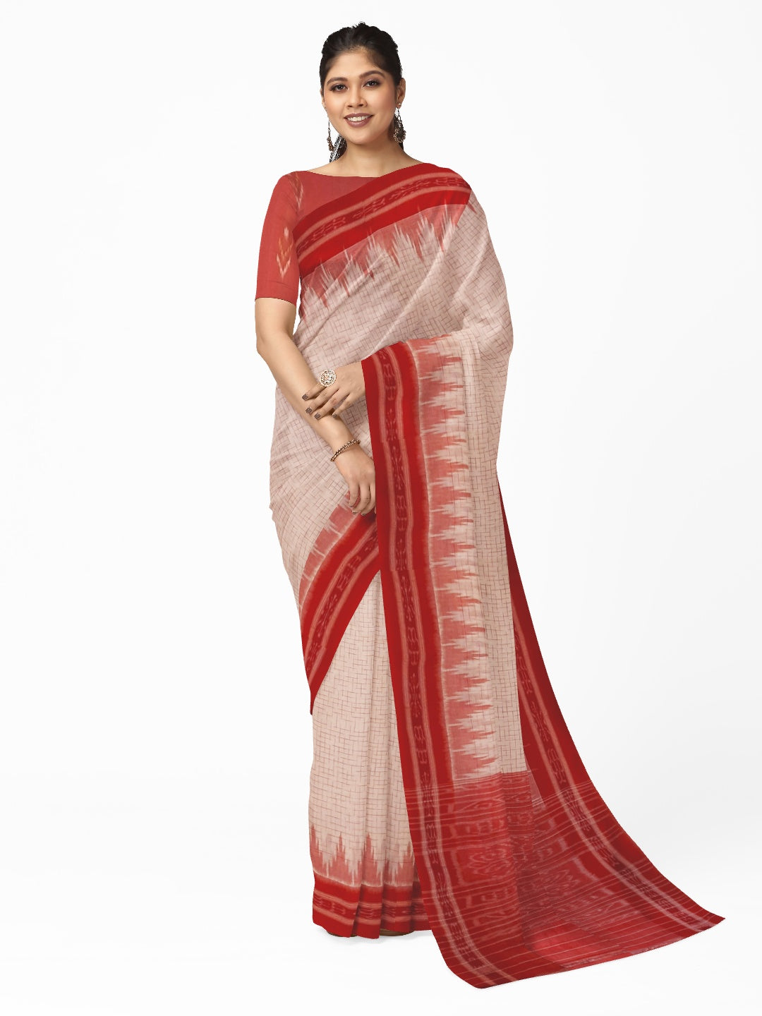 White with Red Cotton Odisha Ikat saree with mix match cotton ikat blouse piece