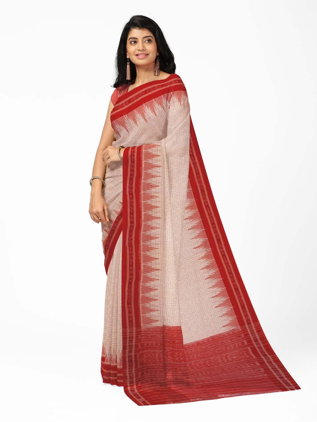 White with Red Cotton Odisha Ikat saree with mix match cotton ikat blouse piece