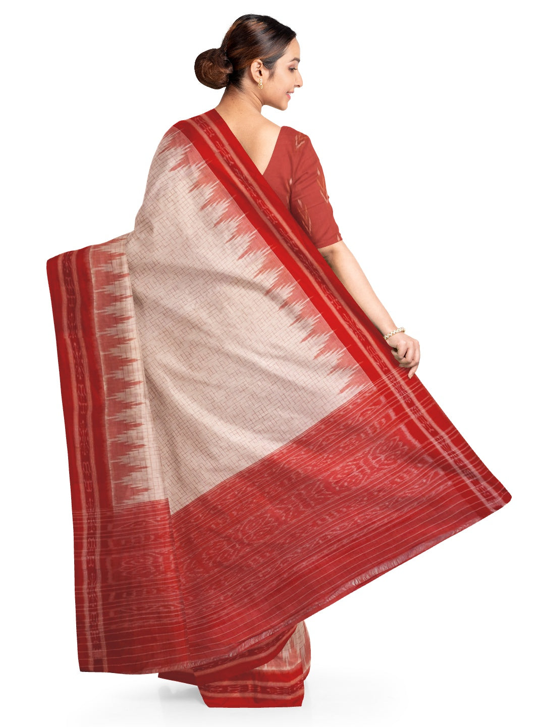White with Red Cotton Odisha Ikat saree with mix match cotton ikat blouse piece