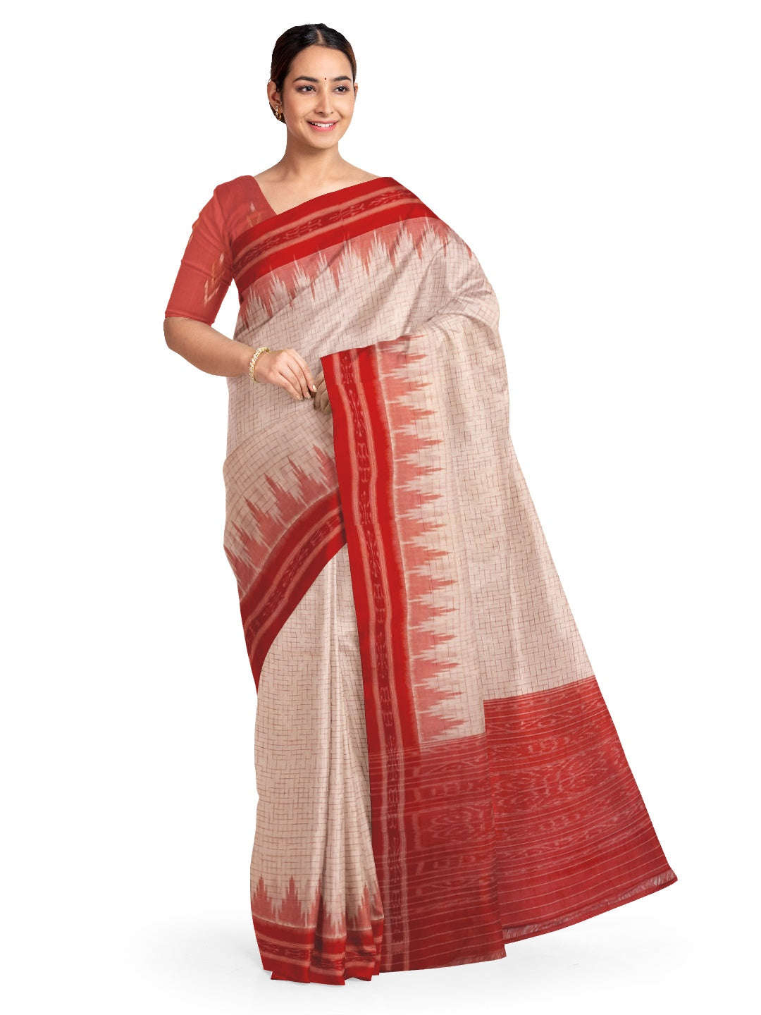 White with Red Cotton Odisha Ikat saree with mix match cotton ikat blouse piece
