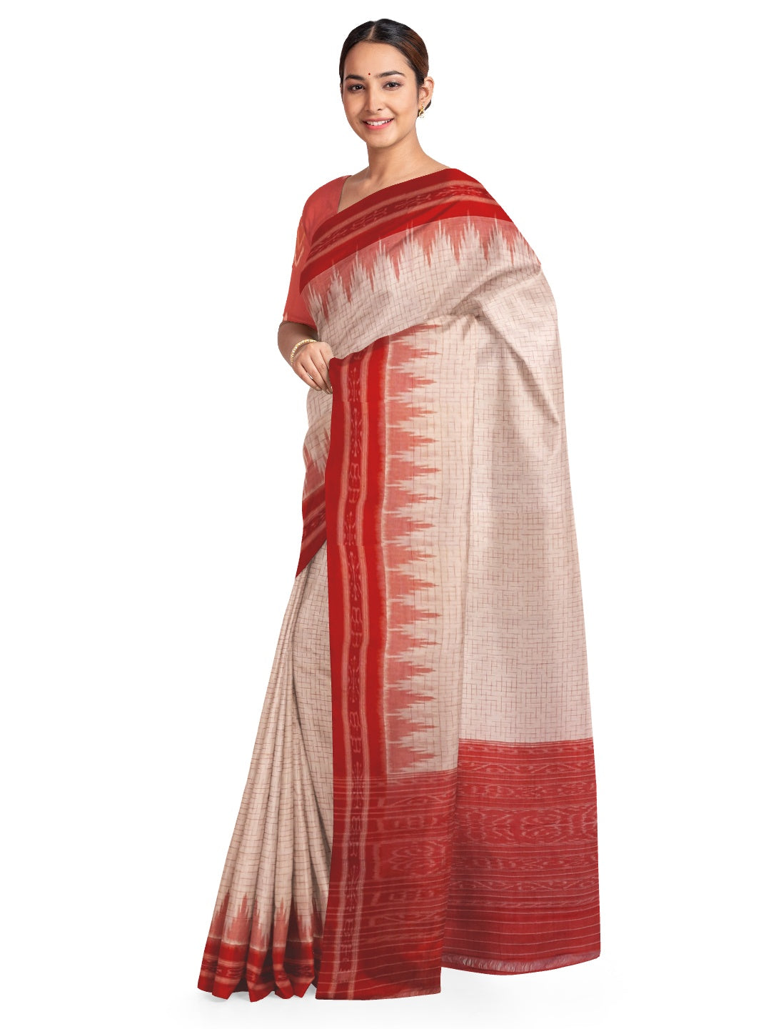 White with Red Cotton Odisha Ikat saree with mix match cotton ikat blouse piece
