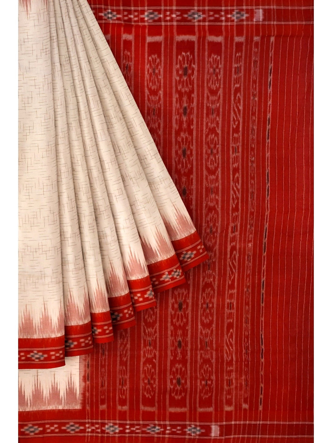 White with Red Cotton Odisha Ikat saree with mix match cotton ikat blouse piece
