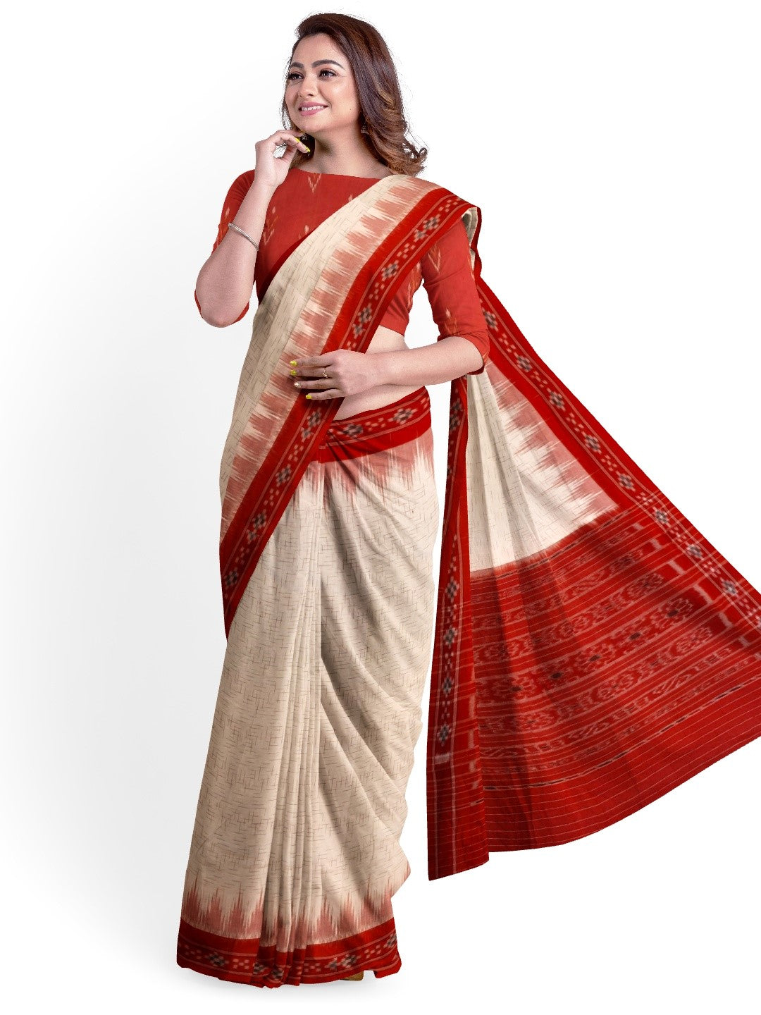 White with Red Cotton Odisha Ikat saree with mix match cotton ikat blouse piece