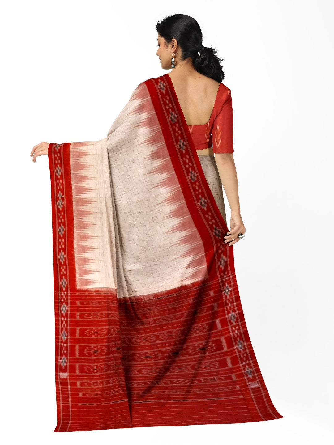 White with Red Cotton Odisha Ikat saree with mix match cotton ikat blouse piece