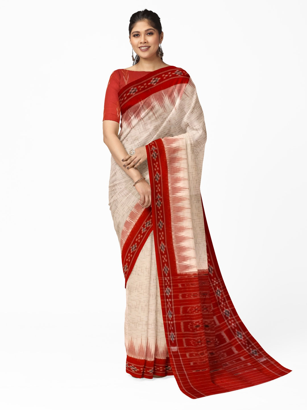 White with Red Cotton Odisha Ikat saree with mix match cotton ikat blouse piece