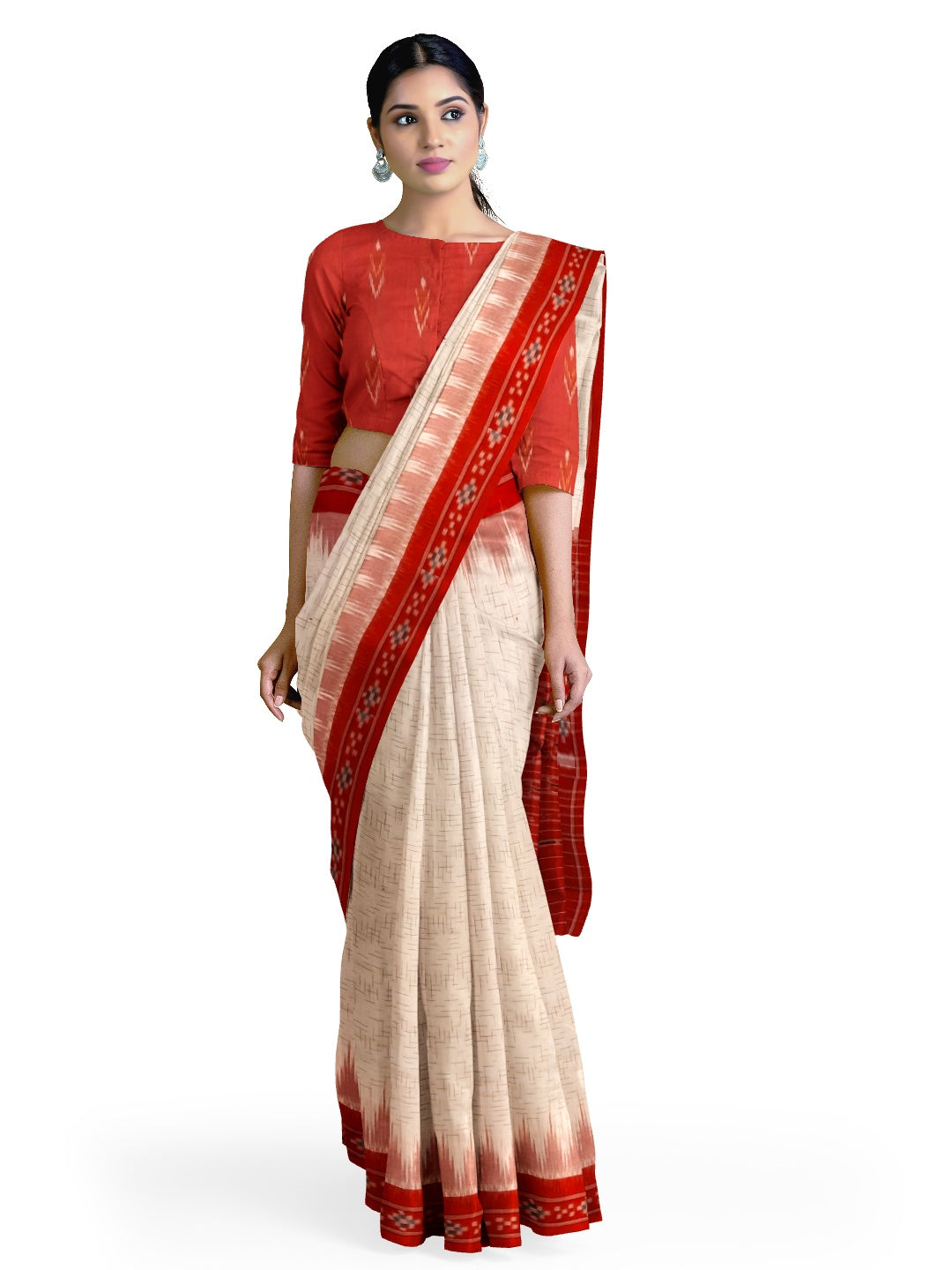 White with Red Cotton Odisha Ikat saree with mix match cotton ikat blouse piece