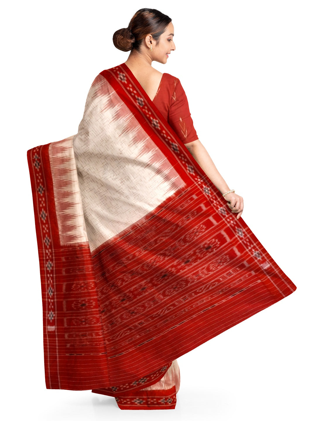 White with Red Cotton Odisha Ikat saree with mix match cotton ikat blouse piece