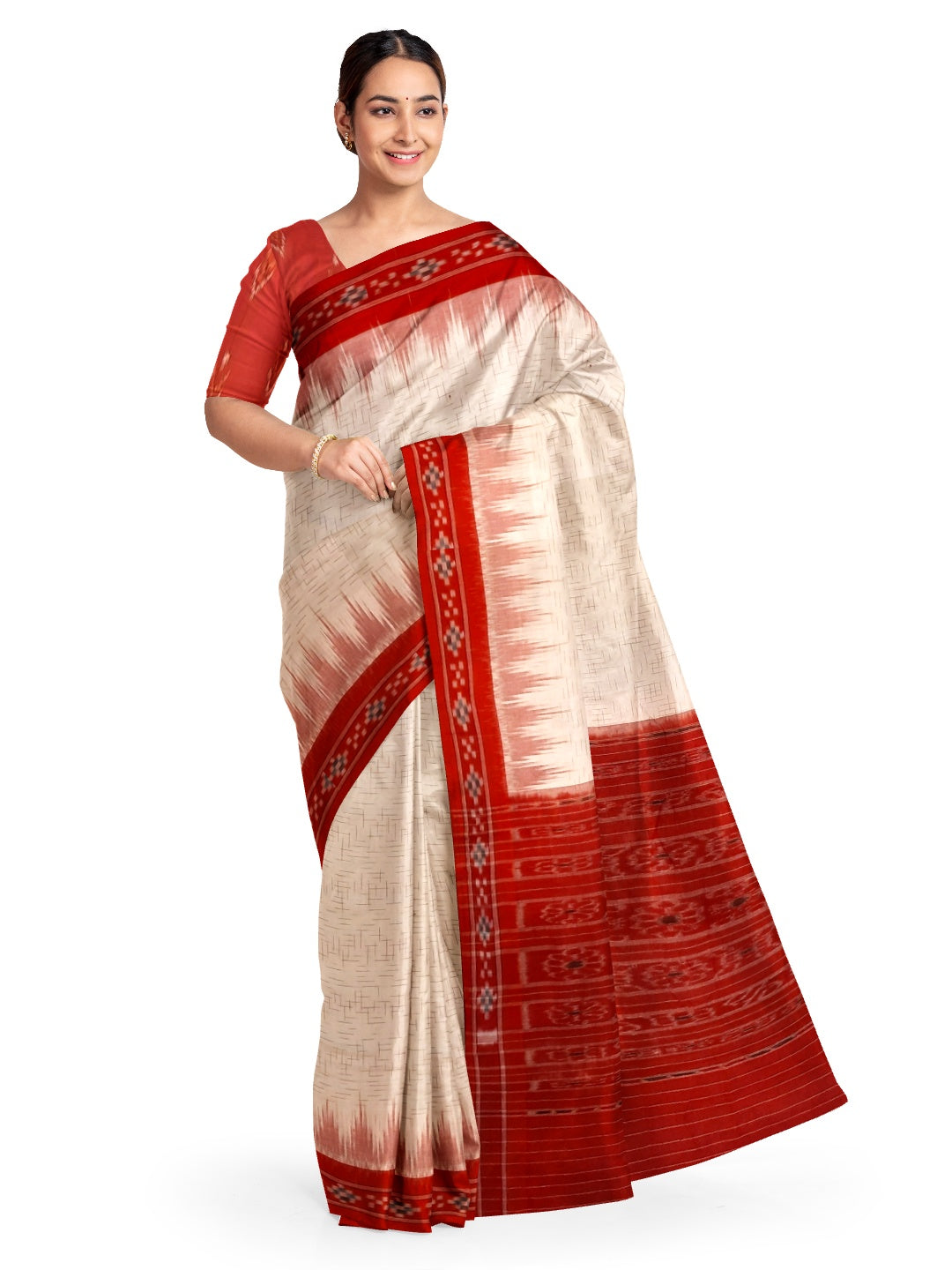 White with Red Cotton Odisha Ikat saree with mix match cotton ikat blouse piece