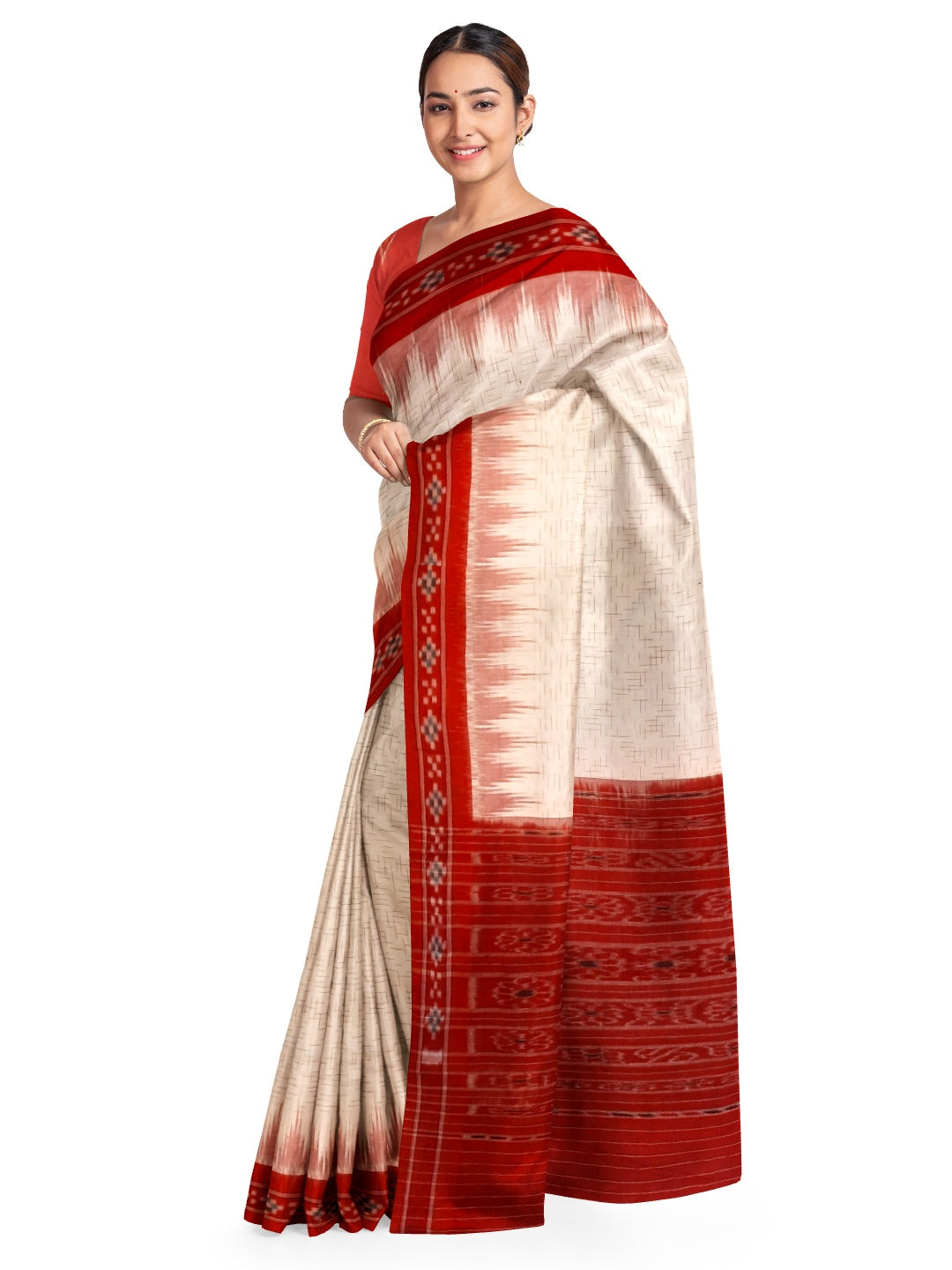 White with Red Cotton Odisha Ikat saree with mix match cotton ikat blouse piece