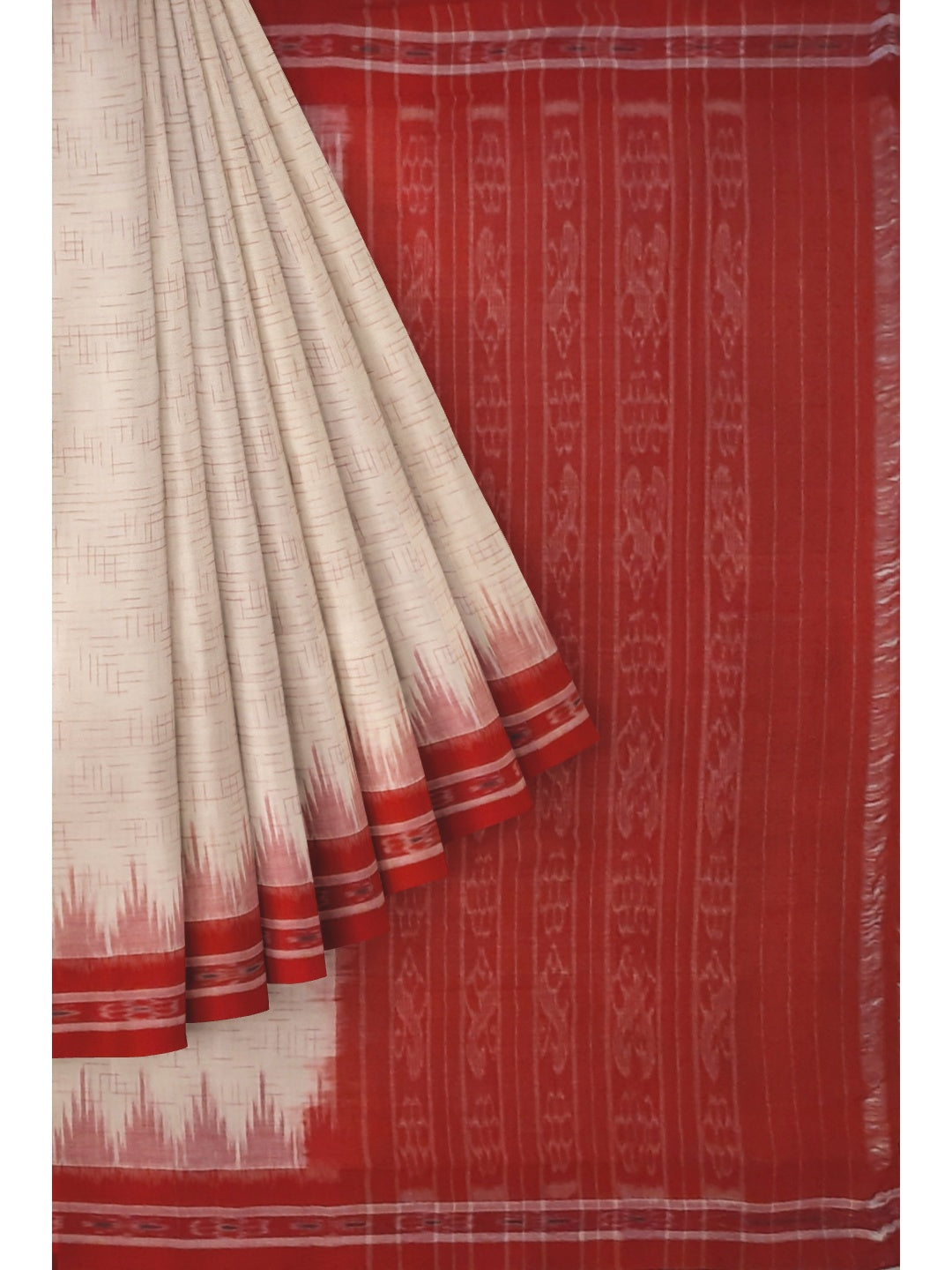 White with Red Cotton Odisha Ikat saree with mix match cotton ikat blouse piece
