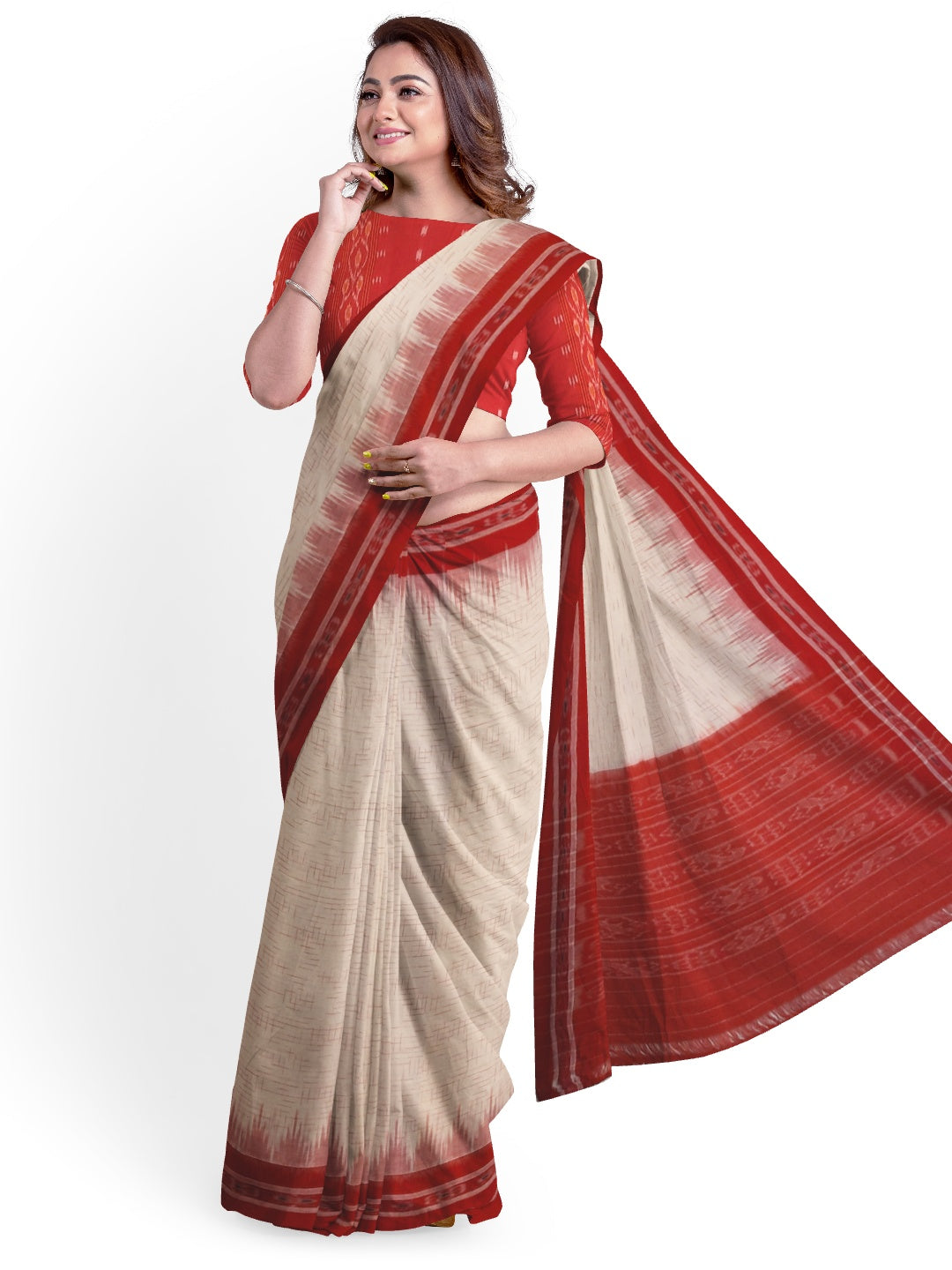 White with Red Cotton Odisha Ikat saree with mix match cotton ikat blouse piece