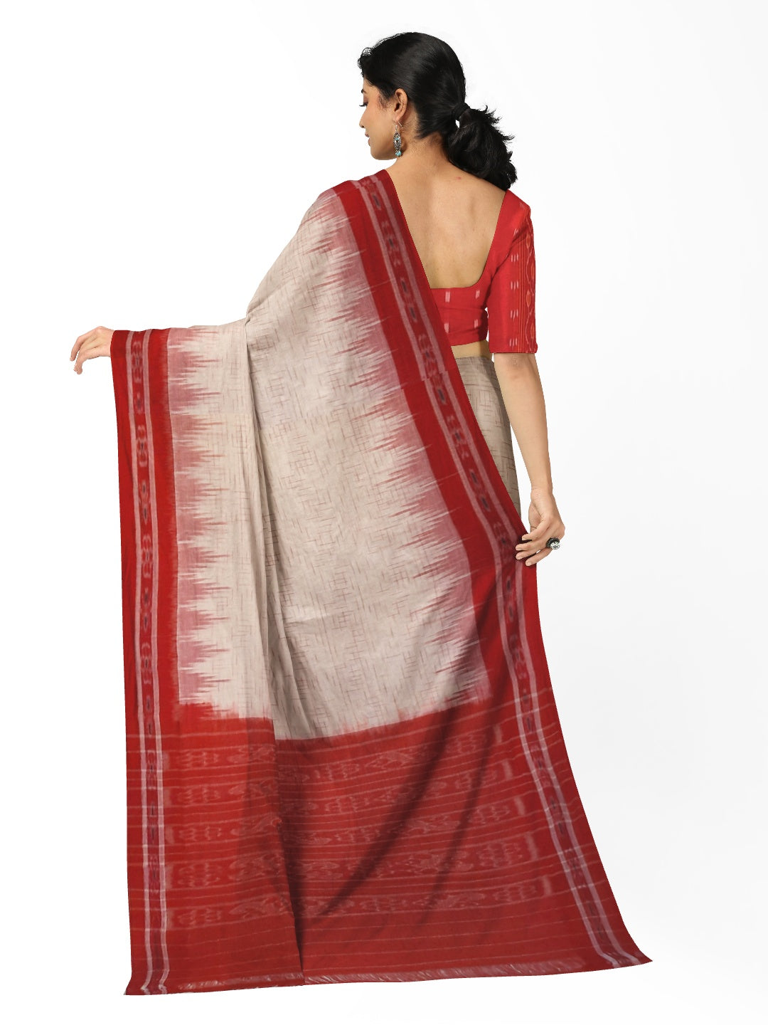 White with Red Cotton Odisha Ikat saree with mix match cotton ikat blouse piece